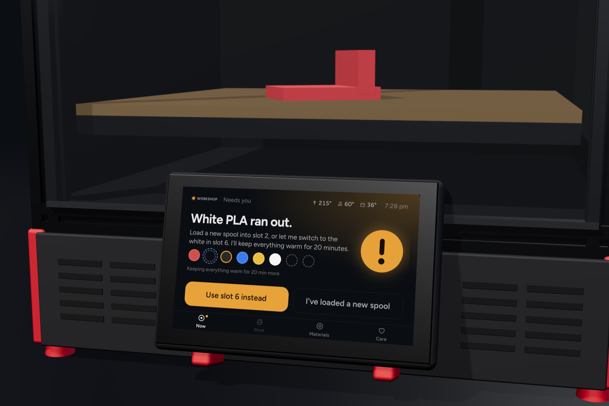 The front of a Klipper printer with Elyir Bench on its touchscreen: White PLA ran out. Load a new spool into slot 2, or let me switch to the white in slot 6.