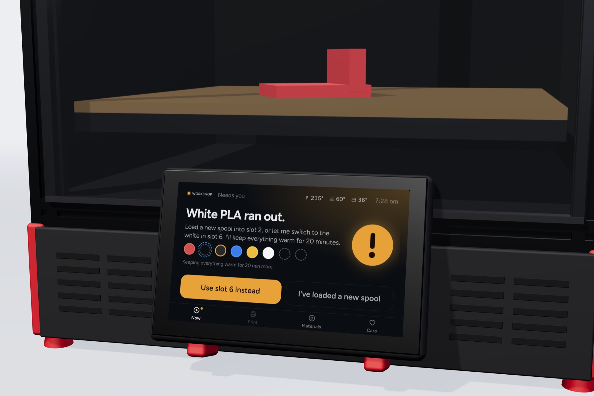 The front of a Klipper printer with Elyir Bench on its touchscreen: White PLA ran out. Load a new spool into slot 2, or let me switch to the white in slot 6.